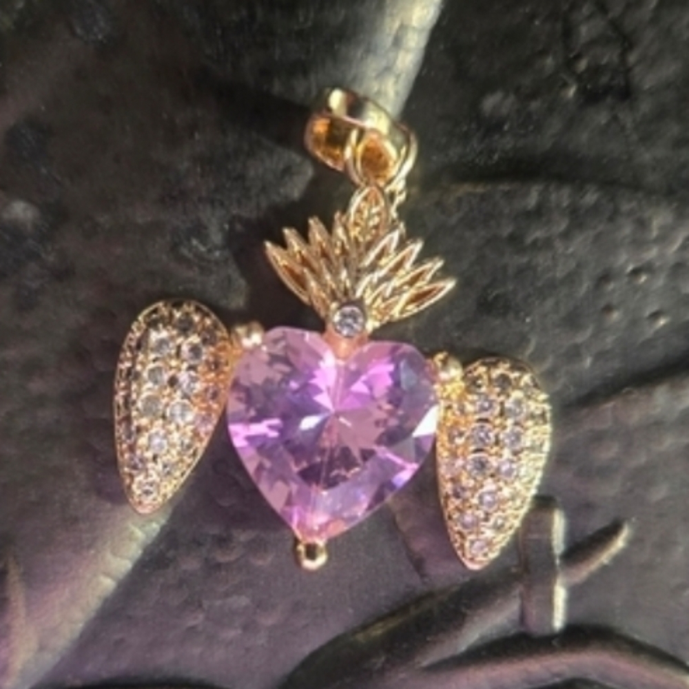Elegant Gold and Pink Heart Wings Pendant